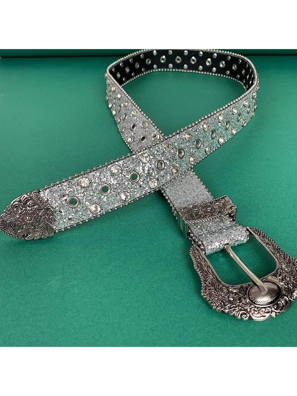 Cyber Y2k 2000s style rhinestone crystal grunge silver punk belt. Cool grunge/pu - Picture 5 of 8